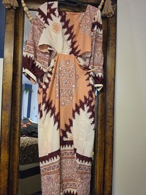 Source Unknown Peach, Burgundy & Cream Boho Maxi Dress